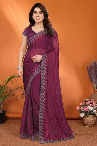 magenta elegant embellished jimmy saree with frendi diamond border & blouse piece