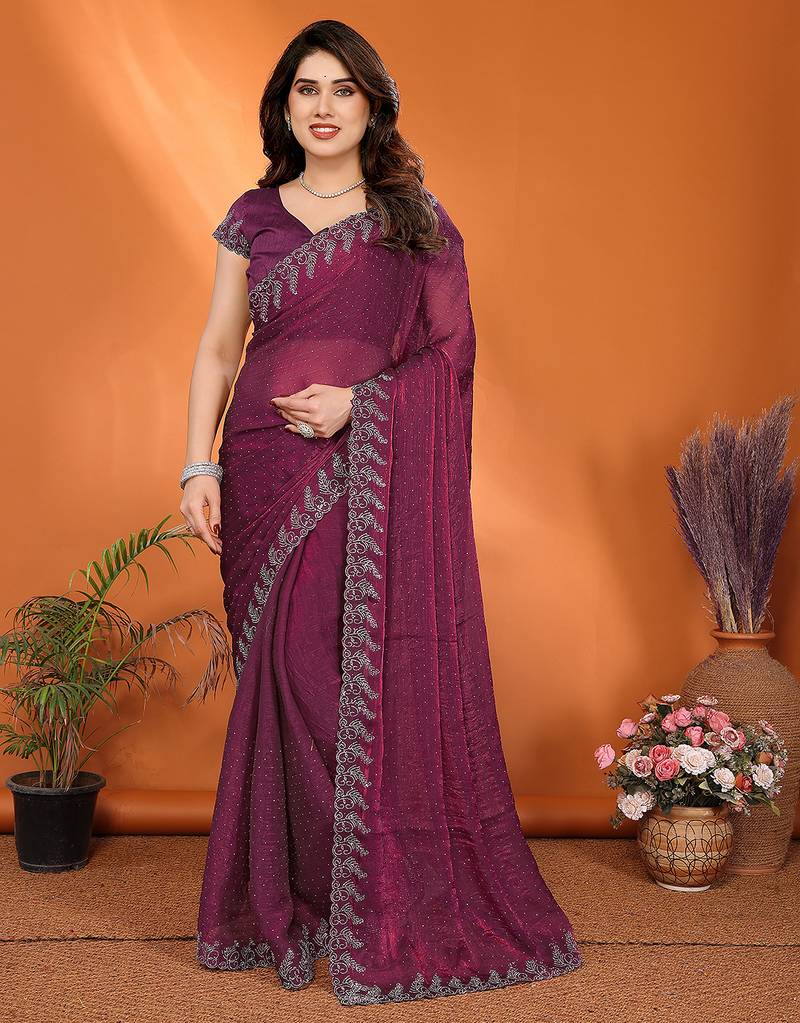 magenta elegant embellished jimmy saree with frendi diamond border & blouse piece