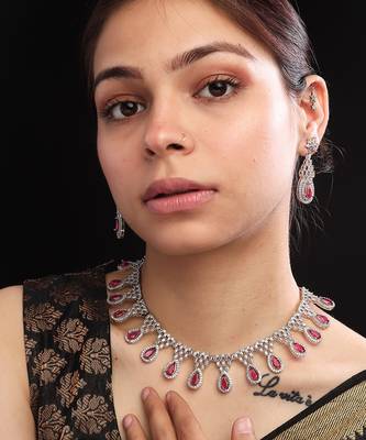 Red ad-cz tear drop statement necklace set 2