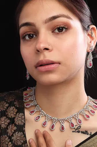 Red ad-cz tear drop statement necklace set