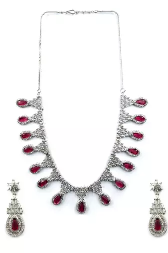 Red ad-cz tear drop statement necklace set