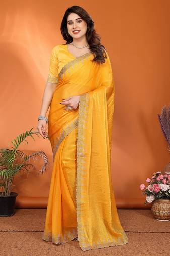   yellow elegant embellished jimmy saree with frendi diamond border & blouse piece