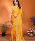  yellow elegant embellished jimmy saree with frendi diamond border & blouse piece