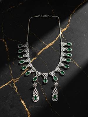 Green ad-cz tear drop statement necklace set 1