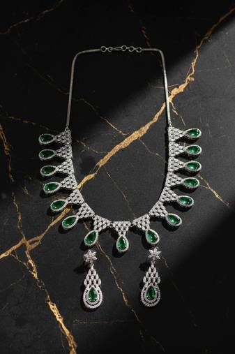 Green ad-cz tear drop statement necklace set