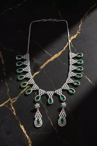 Green ad-cz tear drop statement necklace set
