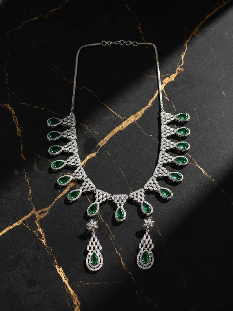 Green ad-cz tear drop statement necklace set