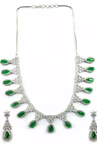 Green ad-cz tear drop statement necklace set