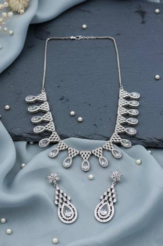 Grey ad-cz tear drop statement necklace set