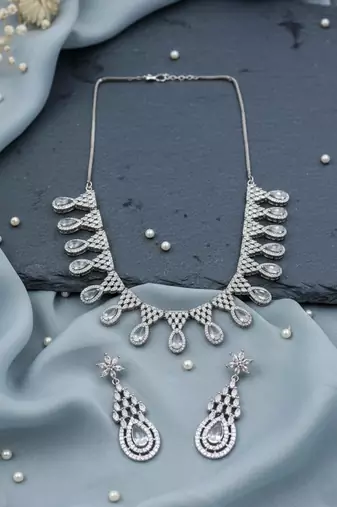 Grey ad-cz tear drop statement necklace set