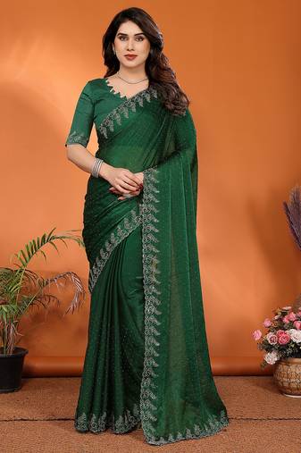 green elegant embellished jimmy saree with frendi diamond border & blouse piece