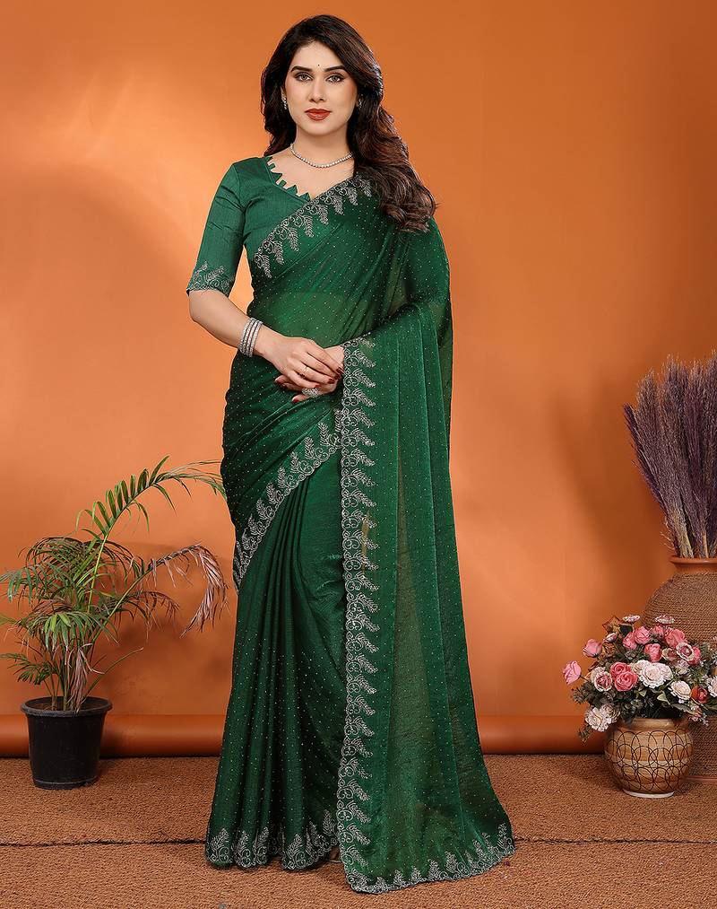 green elegant embellished jimmy saree with frendi diamond border & blouse piece
