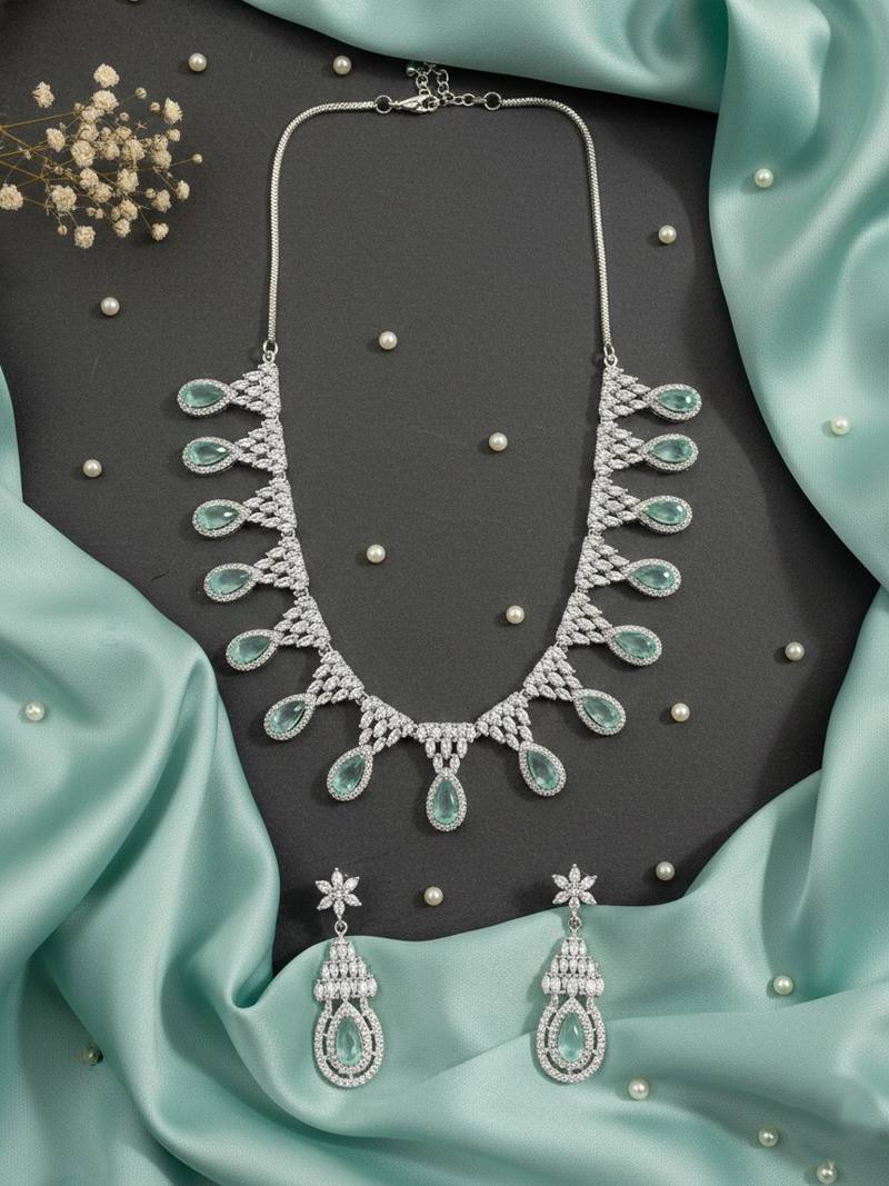 Mint ad-cz tear drop statement necklace set