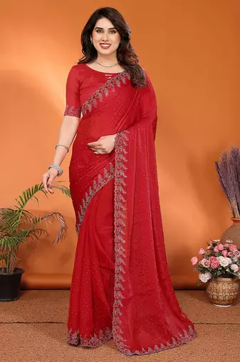 red elegant embellished jimmy saree with frendi diamond border & blouse piece