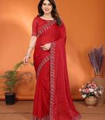 red elegant embellished jimmy saree with frendi diamond border & blouse piece