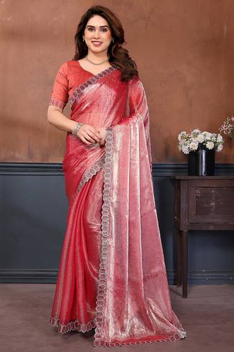 pink embellished jimmy choo lace border saree with blouse piece for wedding wear