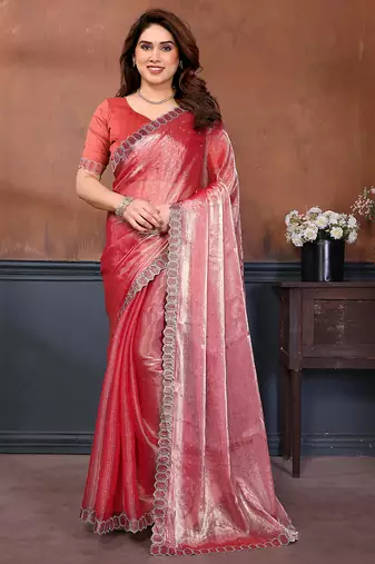 pink embellished jimmy choo lace border saree with blouse piece for wedding wear