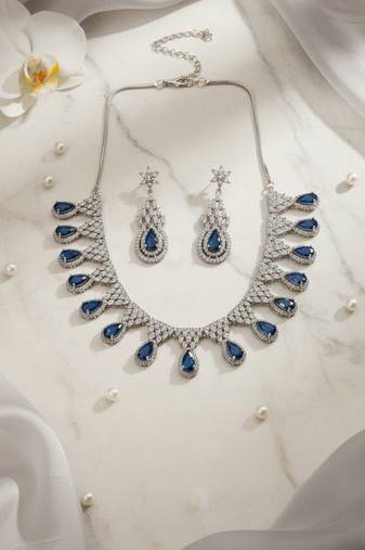 Blue ad-cz tear drop statement necklace set