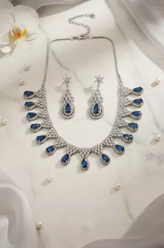 Blue ad-cz tear drop statement necklace set