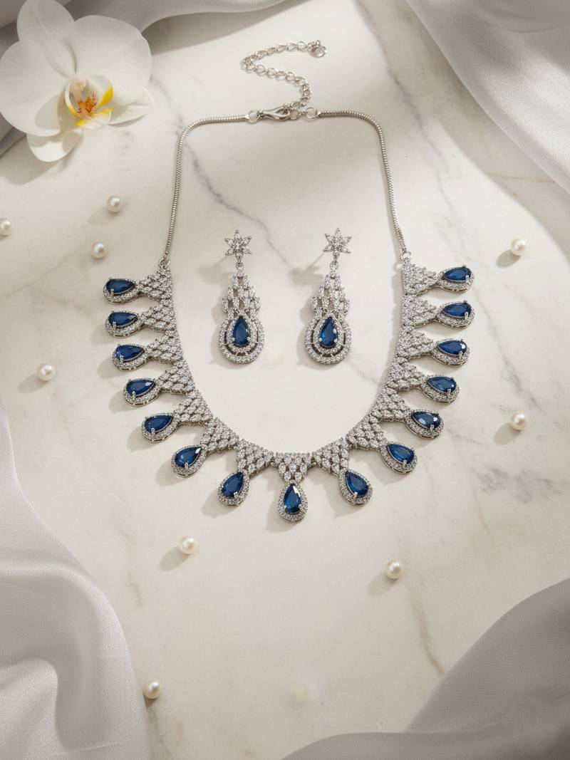 Blue ad-cz tear drop statement necklace set