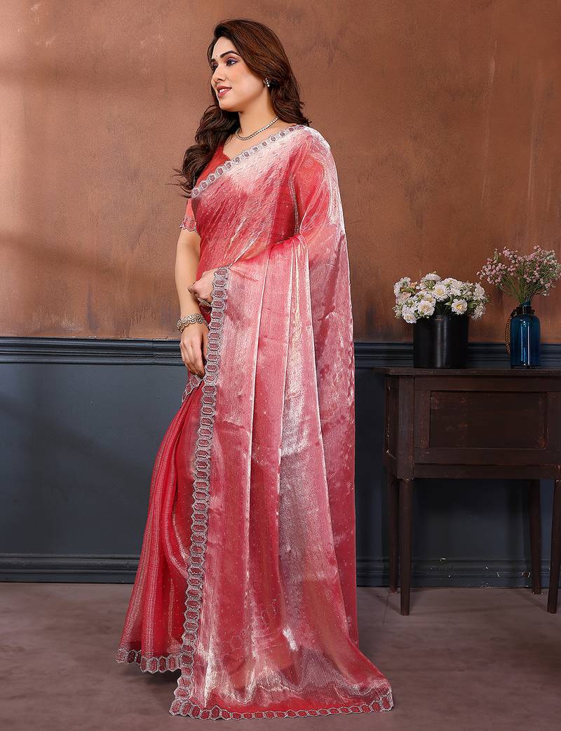 pink embellished jimmy choo lace border saree with blouse piece for wedding wear