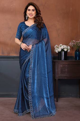 blue embellished jimmy choo lace border saree with blouse piece for wedding wear