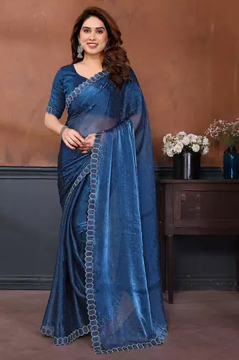 blue embellished jimmy choo lace border saree with blouse piece for wedding wear