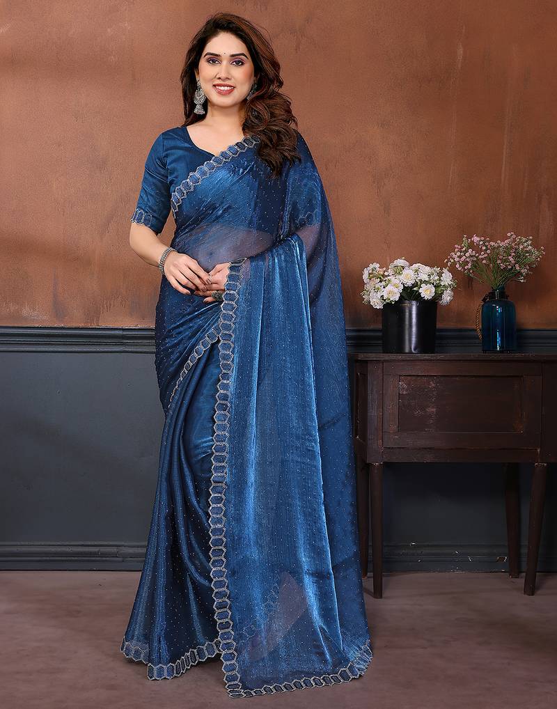 blue embellished jimmy choo lace border saree with blouse piece for wedding wear