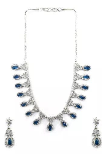 Blue ad-cz tear drop statement necklace set