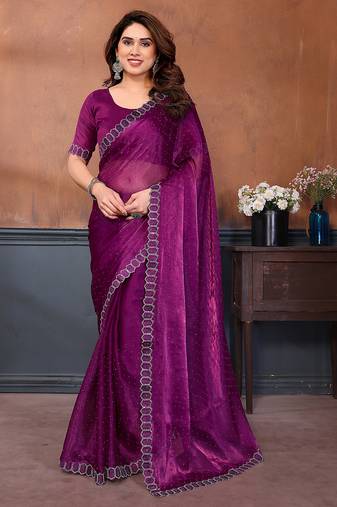   purple embellished jimmy choo lace border saree with blouse piece for wedding wear