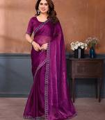  purple embellished jimmy choo lace border saree with blouse piece for wedding wear