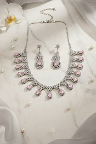 Pink ad-cz tear drop statement necklace set