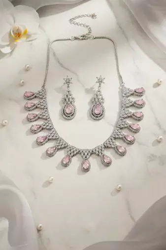 Pink ad-cz tear drop statement necklace set