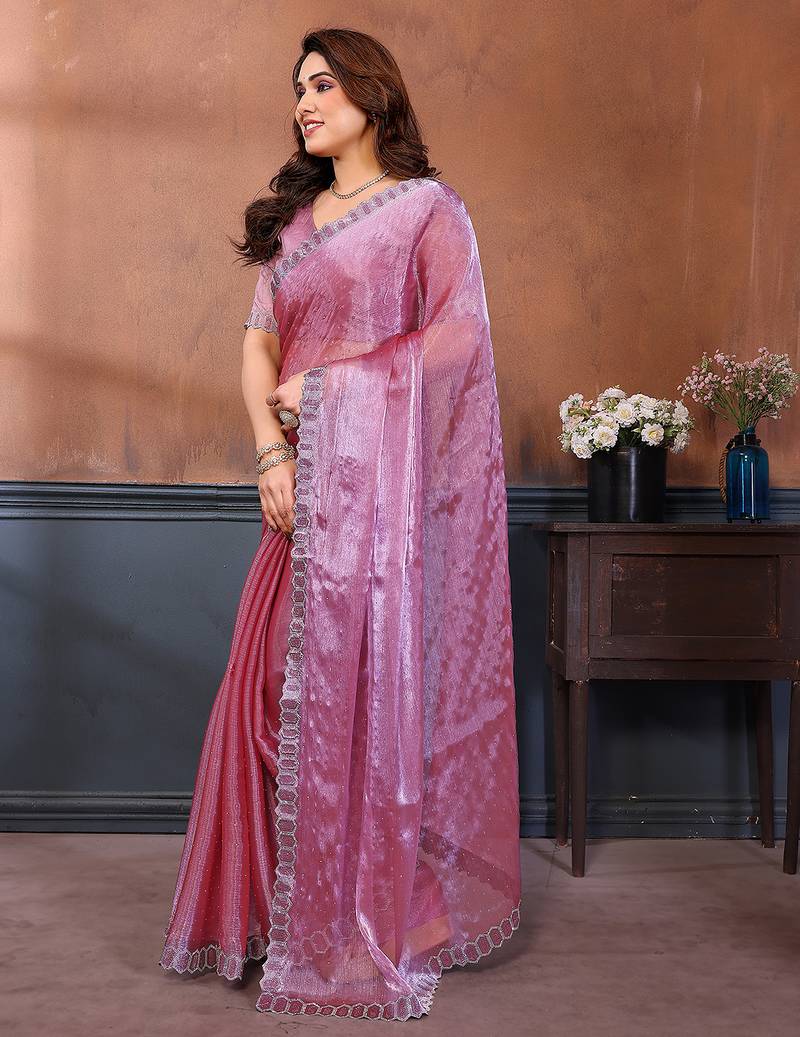  Pink embellished jimmy choo lace border saree with blouse piece for wedding wear