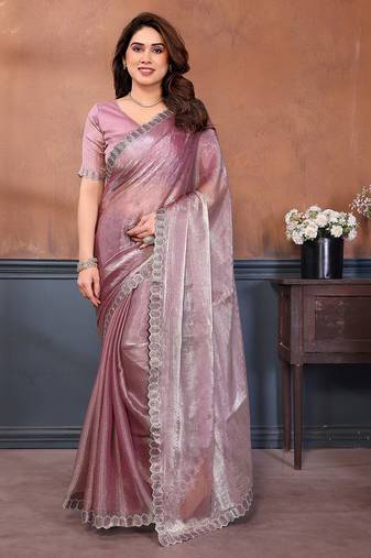 pink embellished jimmy choo lace border saree with blouse piece for wedding wear