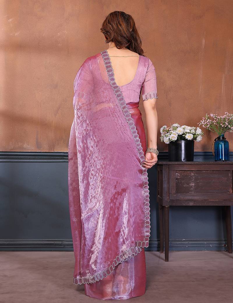  Pink embellished jimmy choo lace border saree with blouse piece for wedding wear