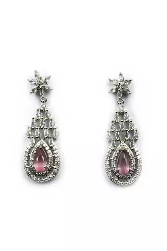Pink ad-cz tear drop statement necklace set
