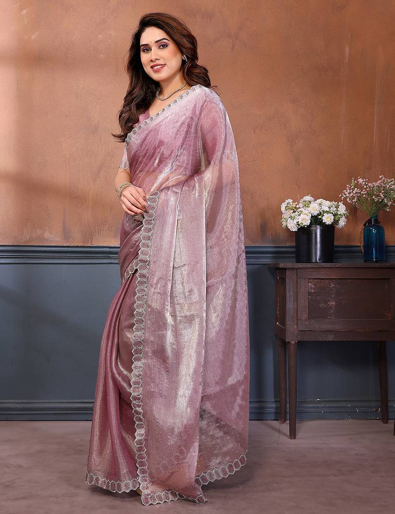 pink embellished jimmy choo lace border saree with blouse piece for wedding wear