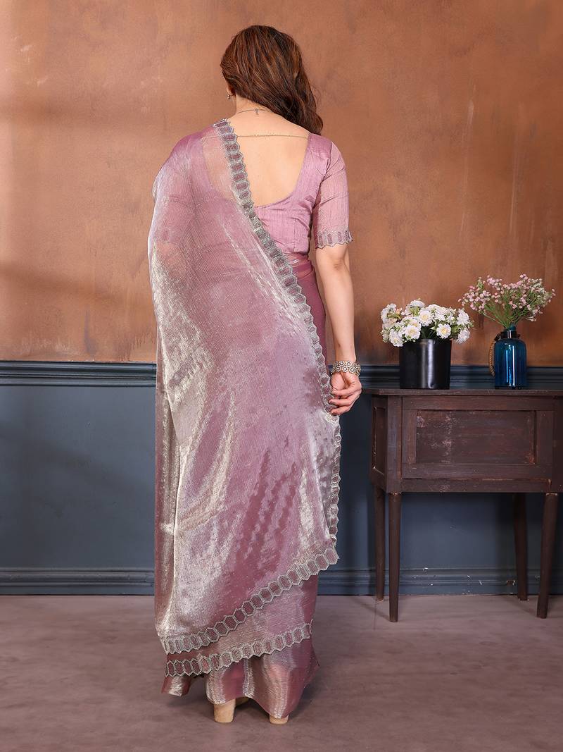 pink embellished jimmy choo lace border saree with blouse piece for wedding wear