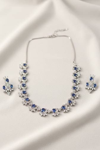 Elegant blue american diamond sleek necklace set