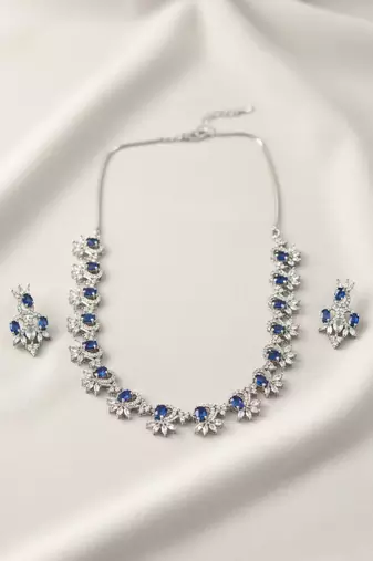 Elegant blue american diamond sleek necklace set