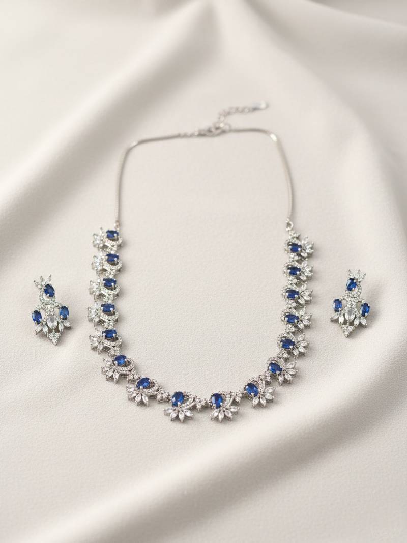 Elegant blue american diamond sleek necklace set