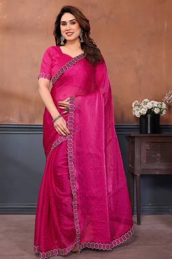 pink embellished jimmy choo lace border saree with blouse piece for wedding wear