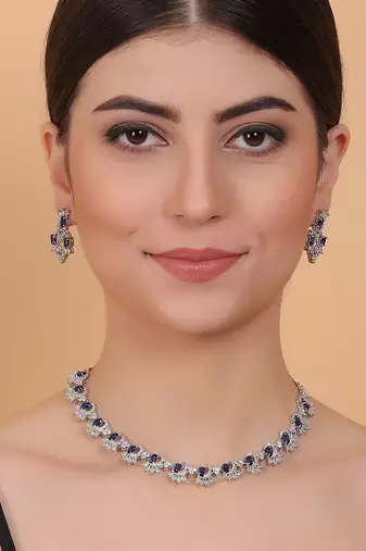 Elegant blue american diamond sleek necklace set