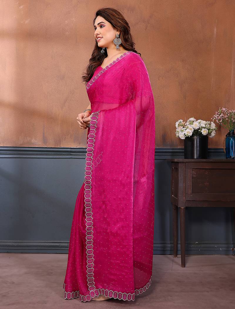pink embellished jimmy choo lace border saree with blouse piece for wedding wear