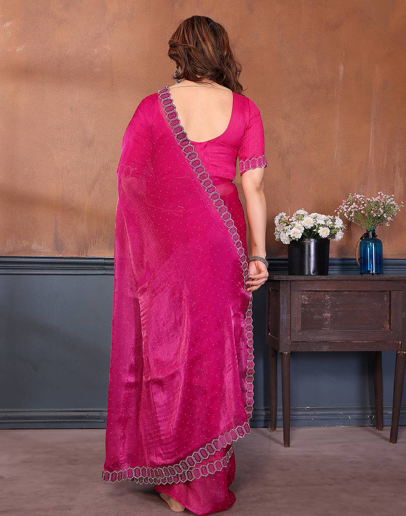 pink embellished jimmy choo lace border saree with blouse piece for wedding wear