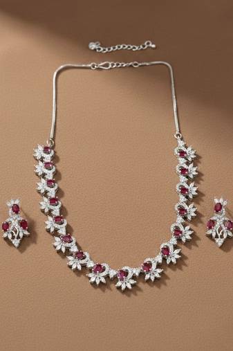 Elegant red american diamond sleek necklace set