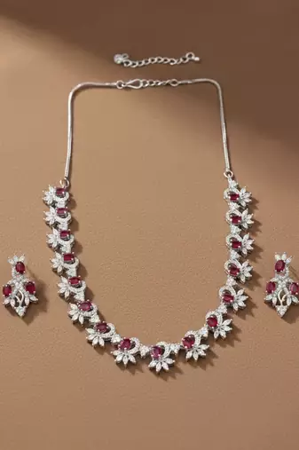 Elegant red american diamond sleek necklace set