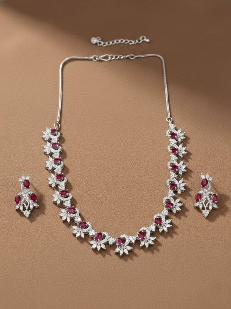 Elegant red american diamond sleek necklace set