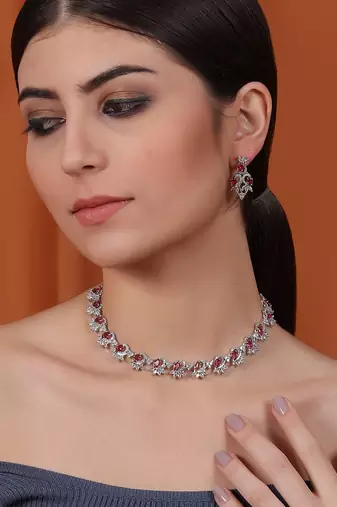Elegant red american diamond sleek necklace set